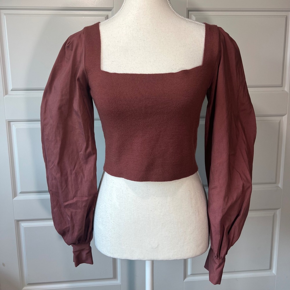 Blue Blush Top Knit Bodice Balloon Sleeve Square Neck Blouse Small S